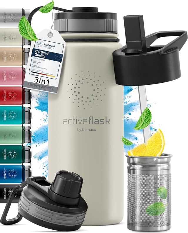 Detalle de ACTIVE FLASK Edelstahl-Trinkflasche mit Strohhalm und 3 Deckeln – auslaufsicher, BPA-frei
