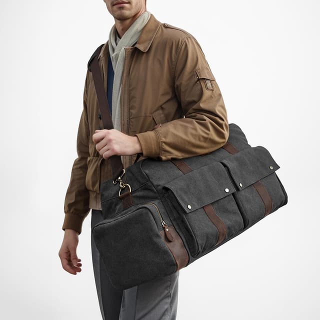 Detalle de S-Zone Unisex 56L Canvas Duffle Bag with Leather Trim – 2–4 Day Carry-On Weekender