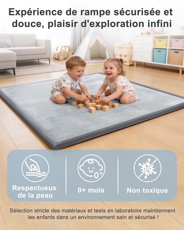 Detalle de Favodormir Krabbelmatte Baby 150x180x3 cm – Spielmatte mit rutschfester Unterseite (Hellgrau)