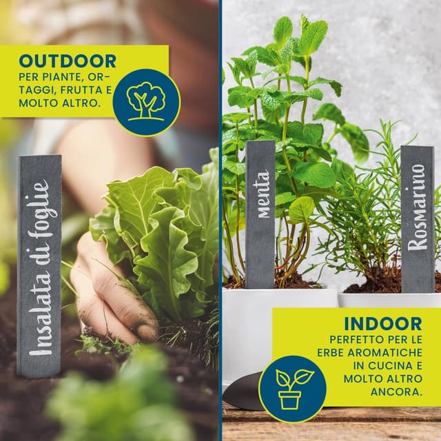 Detalle de Set Hoberg di 10 cartelli in ardesia per piante 15 x 2,5 cm (nero) con penna a gesso