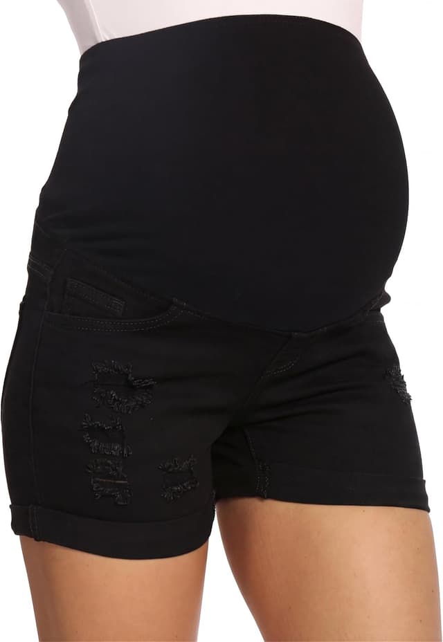 Detalle 2 de V VOCNI Maternity Denim Shorts with High Waist & Distressed Cuffed Hem