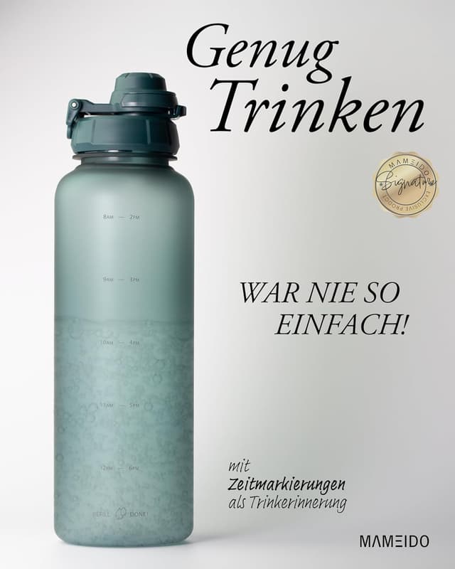 Detalle de MAMEIDO Trinkflasche mit Strohhalm, 1,5 l, auslaufsicher, Tritan & Zeitmarkierung als Trinkerinnerung