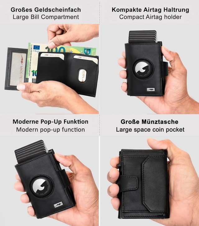 Detalle 2 de Marc Peter Chicago Leder Push Air Slim Wallet – AirTag-Geldbörse mit Münzfach (RFID-Schutz) in Schwarz