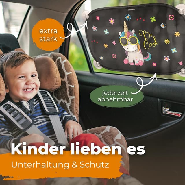 Detalle 2 de CARAMAZ Sonnenschutz fürs Auto Baby „Einhorn“ mit zertifiziertem UV-Schutz, universell passend (2 Stück) – 48 x 30 cm