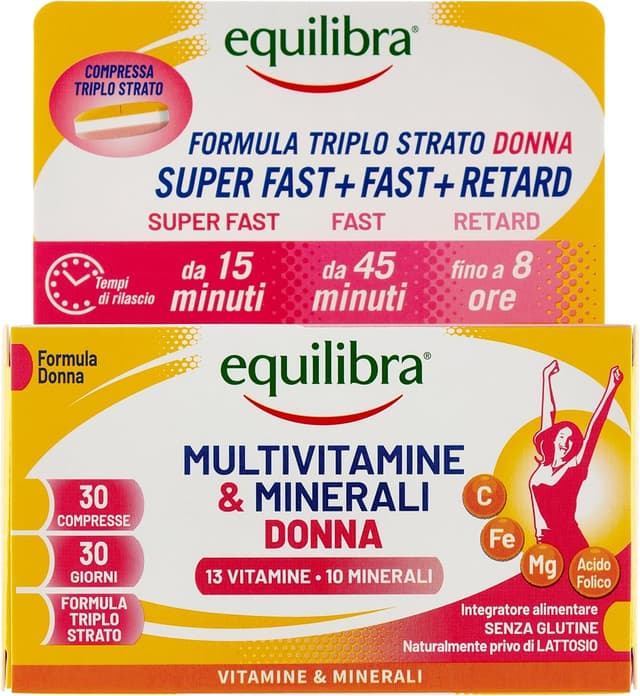 Detalle 2 de Equilibra Multivitamine & Minerali Donna in 3 strati: magnesio, ferro, acido folico e vitamina C, senza glutine (3 confezioni)