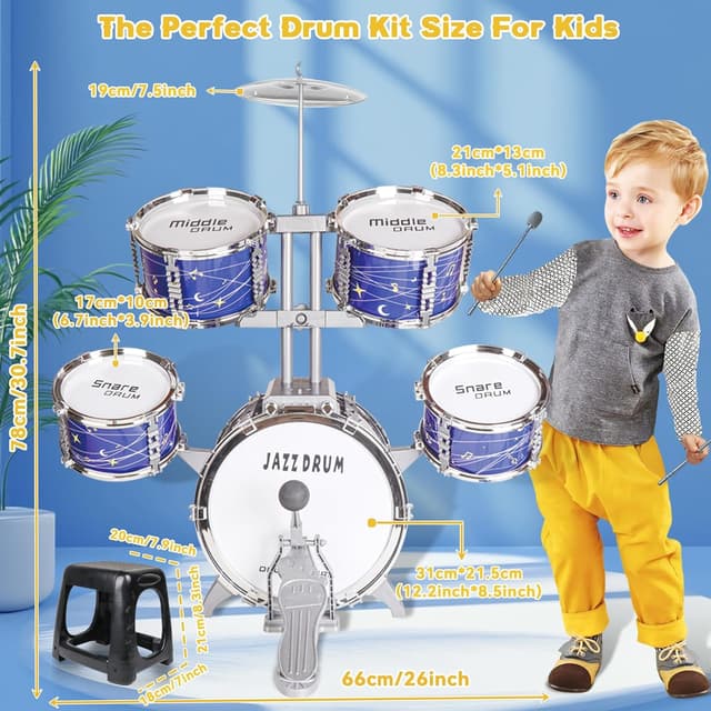 Detalle 2 de Noaideoi batteria per bambini piccolo (1–3 anni) con sgabello: set jazz in stile stelle
