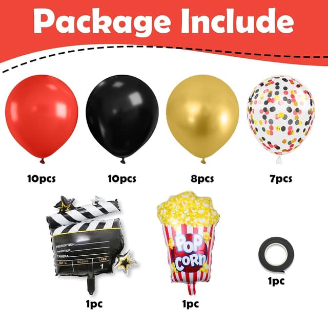 Detalle de Movie Night Party Balloons (35 pcs) Red, Black & Gold Confetti with Film Clapboard & Pop Corn Foil Balloon