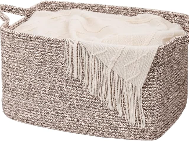 Detalle de Large Foldable Woven Cotton Laundry Basket with Handles (55 × 38 × 30cm) – Brown