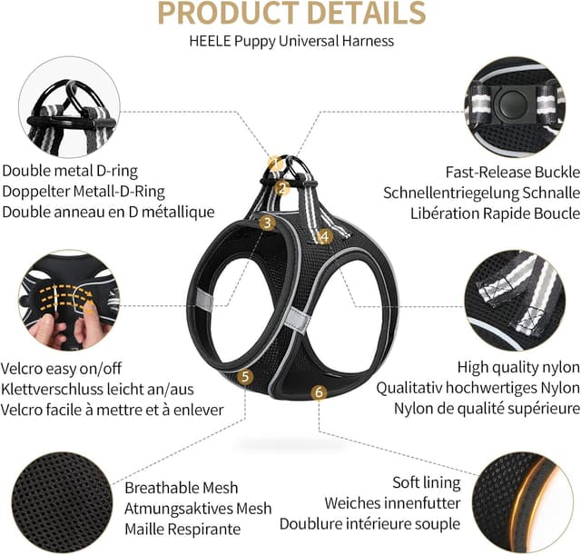 Detalle 2 de HEELE Dog Harness Step-in Soft Mesh with Reflective Loop (Small to Puppies) – Black, L