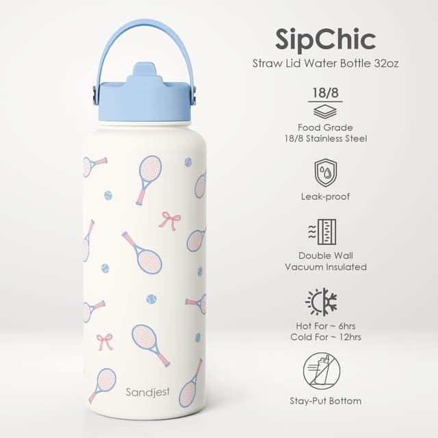 Detalle 2 de Tennis 32oz Stainless Steel Water Bottle with Lid & Straw — Insulated Sport Bottle for Gym, School, and Days Out