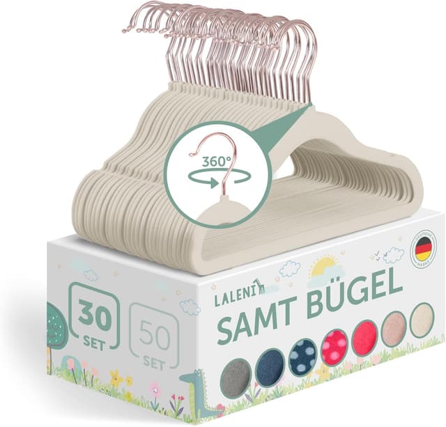 Detalle de Laleni Kinderkleiderbügel 30er-Set mit Samtbezug – 360° drehbar in Rosegold & Elfenbein