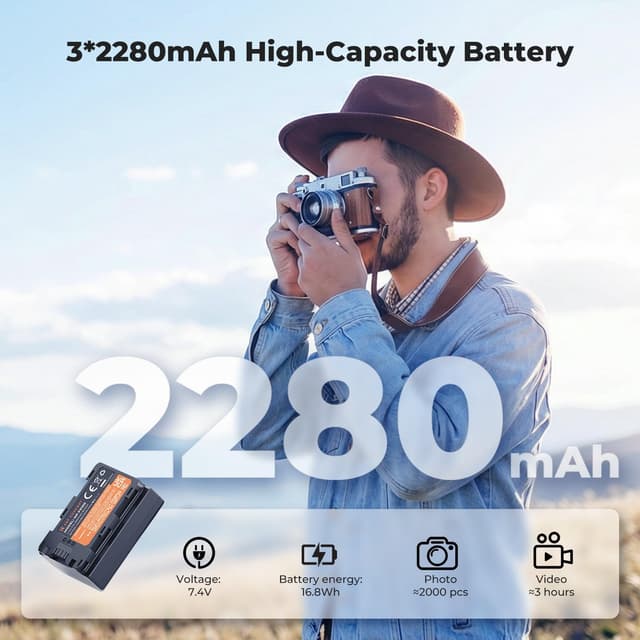 Detalle de K&F CONCEPT 3-Pack NP-FZ100 Battery and Triple Slot Charger (A7iv/FX3/FX30/ZV-E1 and more)