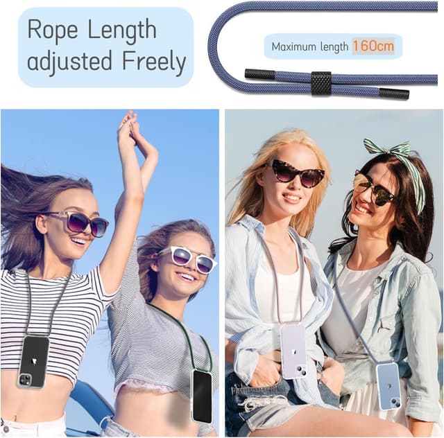 Detalle de Vaykwo Cover con cordino per iPhone 14 / iPhone 13 da 6,1" con tracolla regolabile e protezione trasparente (blu)