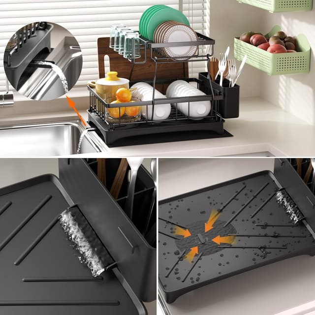 Detalle 2 de Godboat 2-Tier Dish Drying Rack with Auto-Drain Tray and Mat (Kitchen Counter Dish Drainer)
