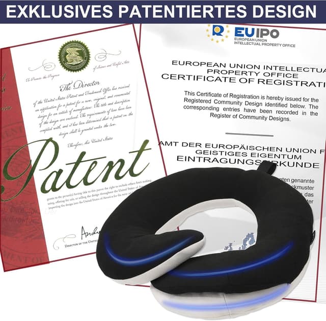 Detalle de BUYUE Reise-Nackenkissen für Flugzeuge inkl. 3D-Augenmaske, Ohrstöpsel & Tasche (360°-Stütze, Erwachsene, Schwarz)