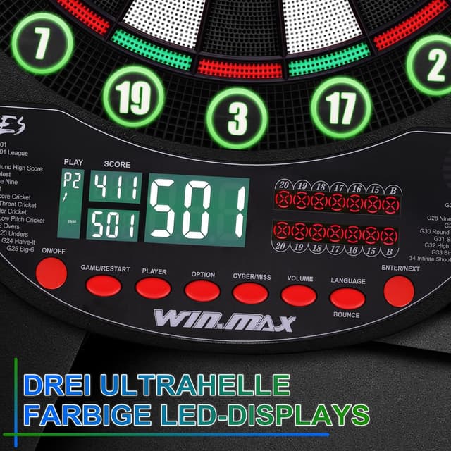 Detalle 2 de WIN.MAX Elektronische Dartscheibe Profi Set – 34 Games mit 354 Varianten, 3 Sprachen (DE/EN/FR) und Platz für 12 Darts