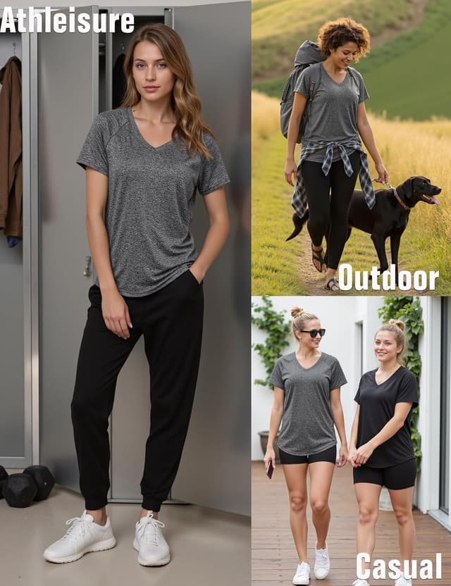 Detalle de Wayleb Damen Sportshirt mit V-Ausschnitt, Kurzarm – leichtes Funktions-Top mit Mesh-Rücken