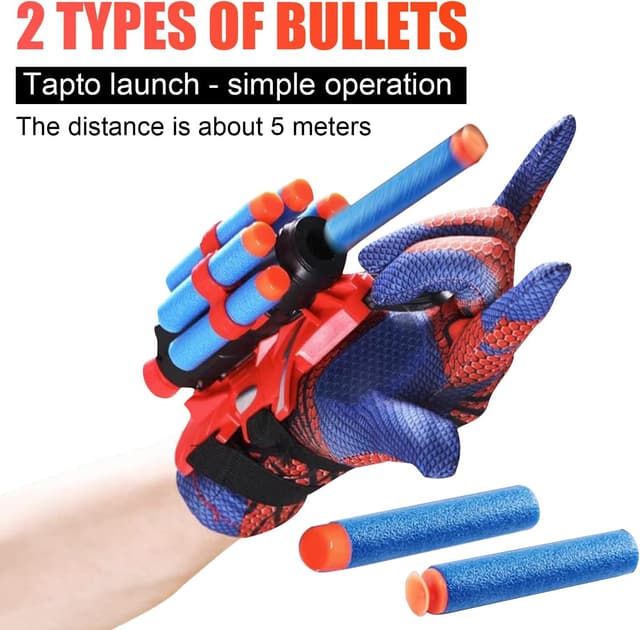 Detalle de Spider Web Shooters Set (2-Pack) for Kids: Wrist Launcher Gloves, Suction Darts & Soft Bullets