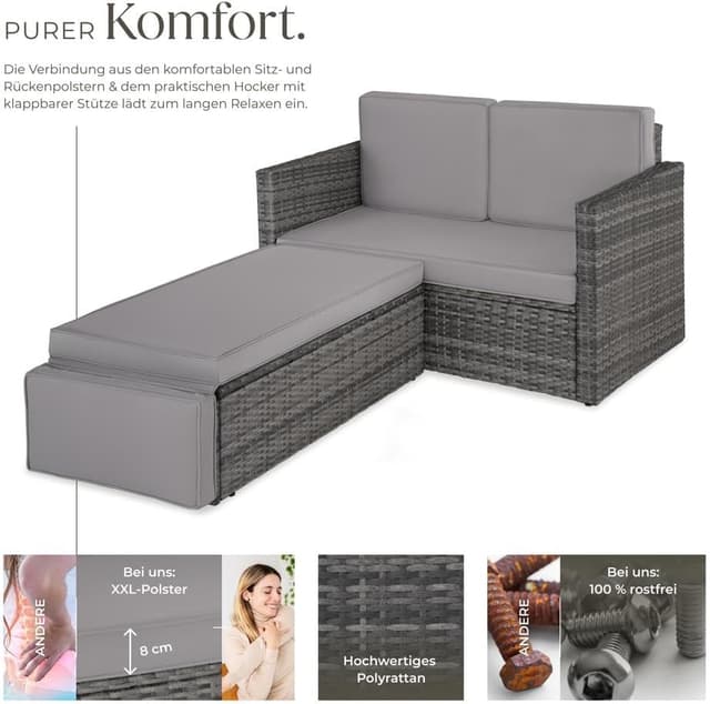 Detalle de tectake Sofa Set: 2-Sitzer Couch mit Hocker, Schlaffunktion und wetterfestem Polyrattan für Outdoor