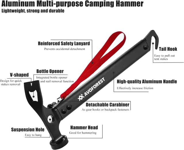 Detalle de AVOFOREST Camping Hammer aus Aluminium mit Haken – multifunktionales Camp-Tool inkl. Aufbewahrungstasche