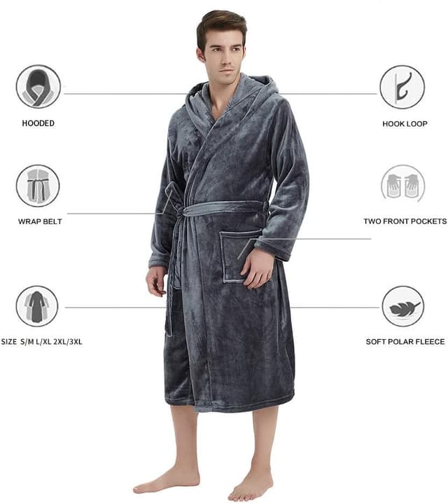 Detalle de U2SKIIN Men’s Hooded Plush Robe (Long Fleece Bathrobe) with Big Hood & Two Pockets