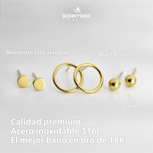 Detalle de BONNYBIRD BonnyClassic: set de pendientes dorados pequeños para mujer (3 pares) de acero inoxidable 316L hipoalergénicos