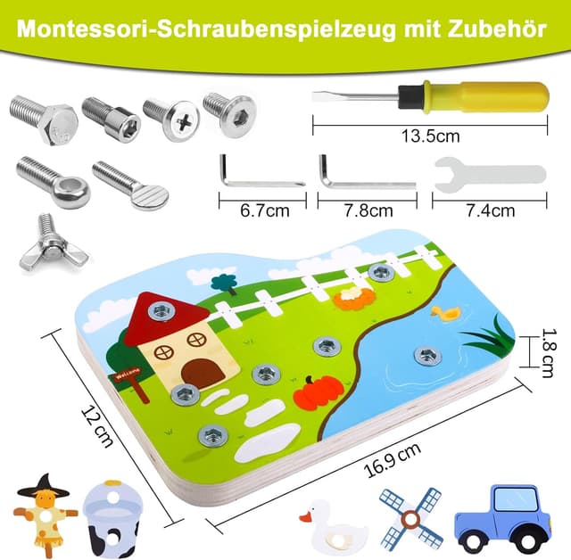 Thumbnail 6 de Liangding Montessori Bauernhof-Schraubbrett (17-teiliges Set) aus Holz – Lern- und Motorikspielzeug ab 3 Jahren