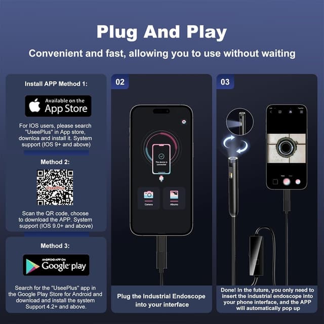 Detalle de Dual-Lens Endoscope Inspection Camera with Lights (1920P HD) and Semi-Rigid Snake Lens – UseePlus-style app support