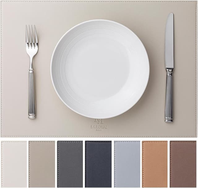 Detalle de Baroyal Faux Leather Placemats Set of 8 (Vinyl, Washable/Wipeable) Heat Resistant, Waterproof Non-Slip, Cream White