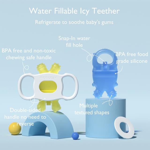 Detalle de Momcozy Baby Teether Toys (Food-Grade Silicone) — Yellow and Blue, Water-Fillable Chilling Teething Relief