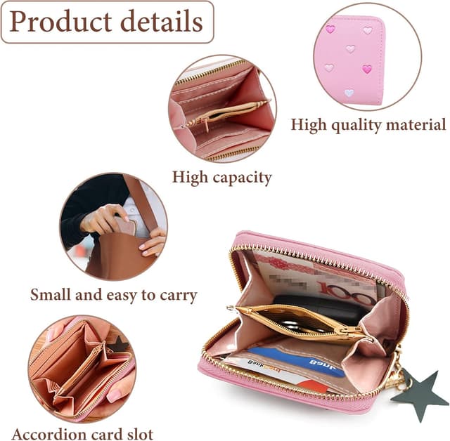 Detalle de FuninCrea Ladies Purse Wallet with Star Pendant (Pink PU Leather) – zipper coin pouch and card slots