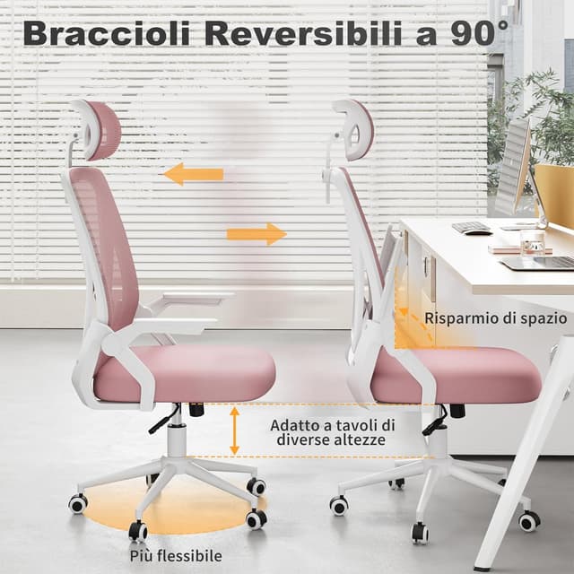 Detalle de naspaluro Sedia da Ufficio rosa con braccioli ribaltabili, poggiatesta e schienale in rete traspirante