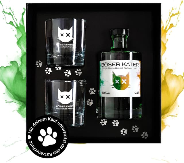Detalle de BÖSER KATER Magic Green Gin Geschenkset (0,5 l, 40%) mit 2 Gläsern – Farbwechsel von Grün zu Gelb-Orange