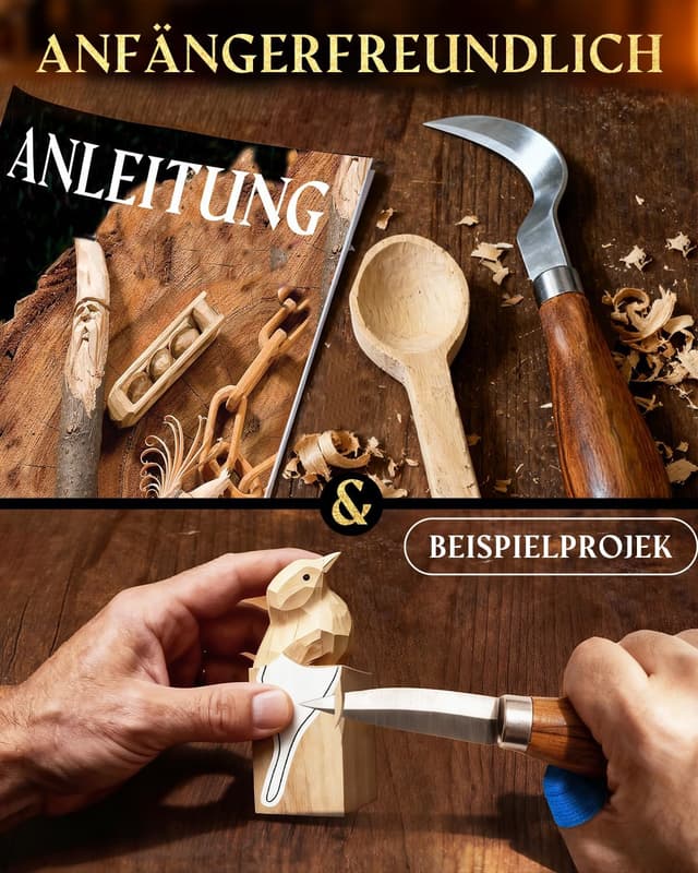 Detalle de Bluvizo Schnitzwerkzeug Holz Schnitzset für Anfänger (25-teilig) inkl. Anleitung, Handschuhe und Lindenholz