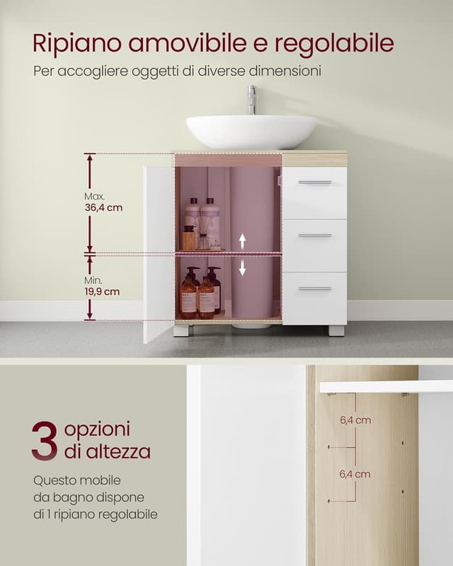 Detalle 2 de VASAGLE Mobile sottolavabo BBK514LL01 30 x 60 x 64 cm bianco nuvola e beige naturale, con 3 cassetti laterali