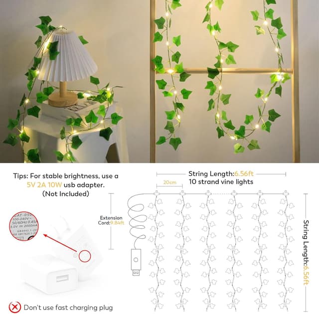 Detalle de Lichtervorhang Innen 2x2 m mit 200 LEDs – Efeu-Girlande (8 Modi, Timer, Fernbedienung)