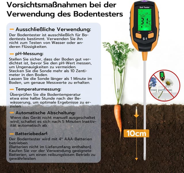 Detalle de Tolesum Misuratore di umidità del suolo 4-in-1: umidità, pH, temperatura e luce solare con display LCD