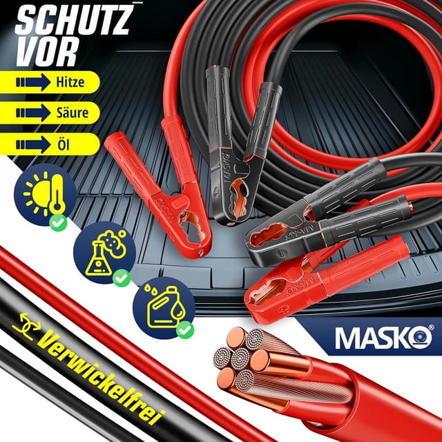 Detalle 2 de MASKO Starthilfekabel 12/24 V mit 4 vollisolierten Polzangen, Kupferkabel, 2×6 m (30 mm²) & 1500 A – für Auto, Motorrad & LKW
