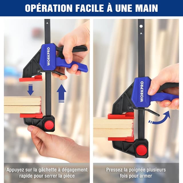 Detalle de WORKPRO : lot de 2 serre-joints à une main en acier et nylon, serrage jusqu’à 150 mm (plage 135–285 mm)