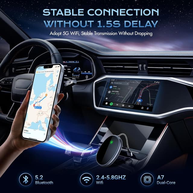 Detalle de Adattatore Wireless CarPlay per iPhone (da cablato a wireless) con doppia porta USB e Type‑C, Ockwred