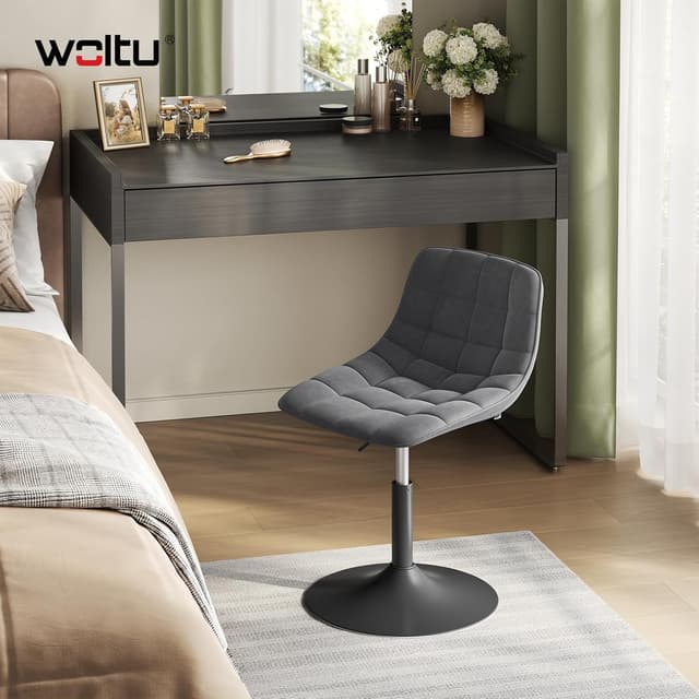 Detalle de WOLTU Schminktisch Stuhl / Hocker mit Rückenlehne – höhenverstellbar, 360° drehbar, Samt, dunkelgrau