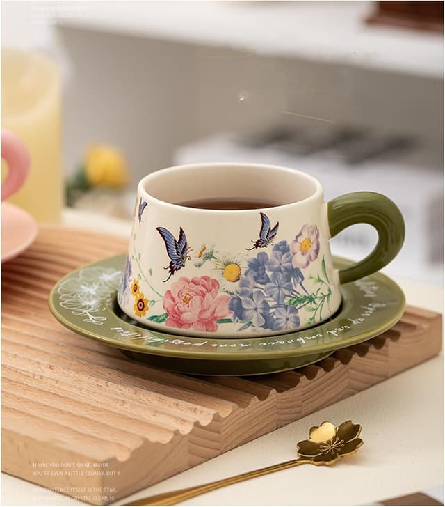 Thumbnail 6 de ENSFTF coffee cup and saucer set (300ml) with green butterfly & flower pattern