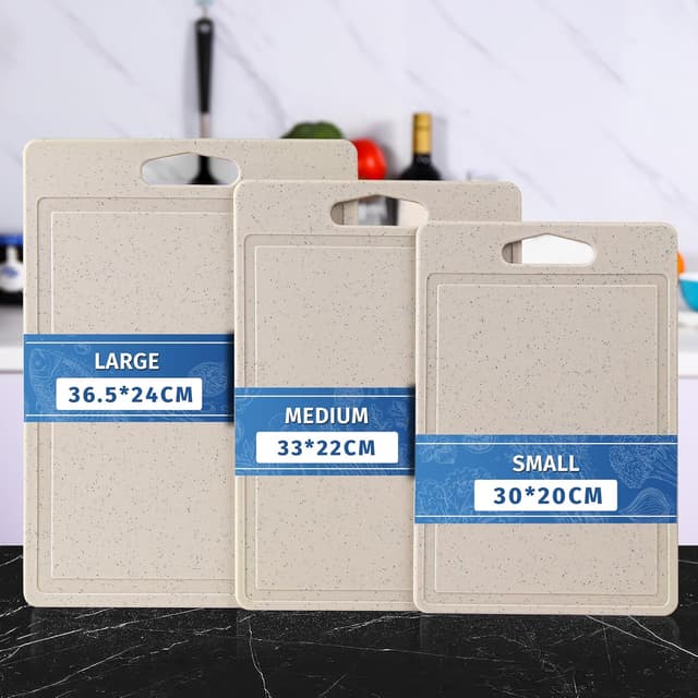 Detalle de DIFULI Schneidebrett Set 3-teilig Granitoptik (PP, BPA-frei) mit Saftkanal, Griff und rutschfesten Silikonaufklebern