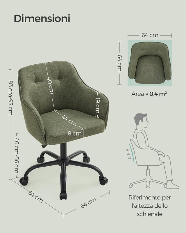 Detalle de Sedia da ufficio SONGMICS OBG019C01, poltrona ergonomica girevole regolabile in altezza verde