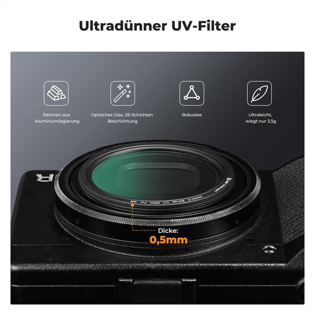 Detalle de K&F CONCEPT UV-Filter (MCUV) für Ricoh GR-Serie – Schutzfilter für GR II/III/IV, IIIx & mehr