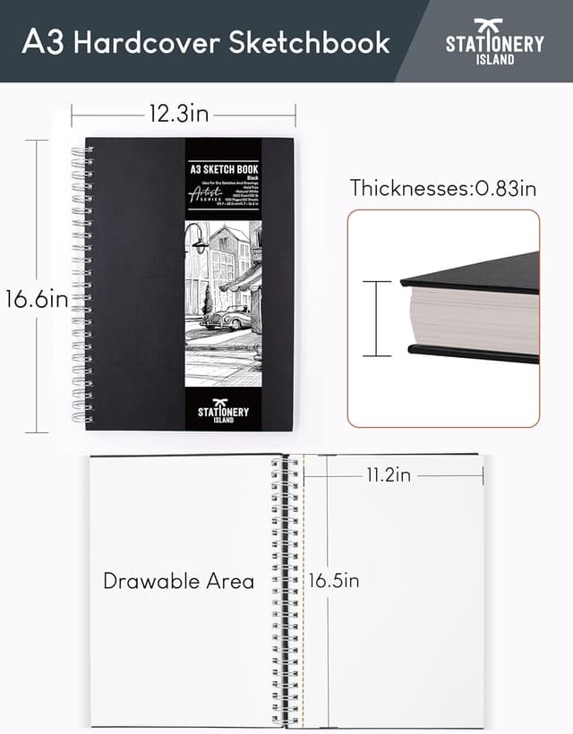 Detalle 2 de STATIONERY ISLAND Carnet de croquis A3 à couverture rigide, papier 200 g/m² et reliure spirale