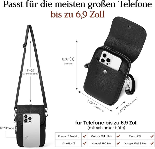 Detalle de befen Echtleder Handytasche zum Umhängen für Damen mit RFID-Blockierung und Kartenfach – Crossbody klein