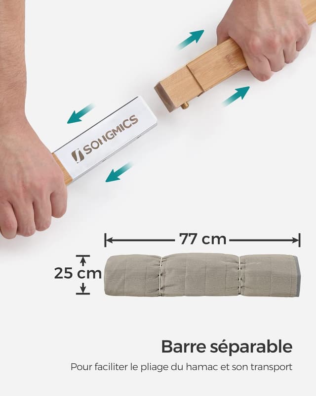 Detalle de Hamac double SONGMICS GDC34CG matelassé 200 x 140 cm, barres incurvées démontables en bambou
