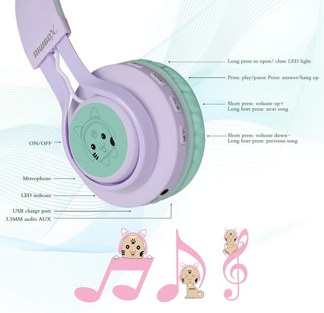 Detalle de Riwbox CT-7S Kids Wireless Cat Ear Bluetooth Headphones (Purple & Green)