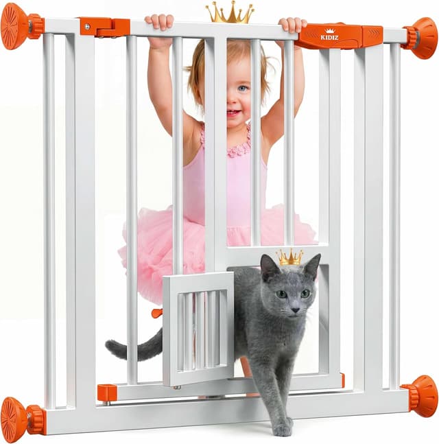 Detalle de KIDIZ Absperrgitter zum Klemmen mit Katzenklappe (Türschutzgitter), ohne Bohren – schwenkbar, Weiß/Orange, 81–87 cm